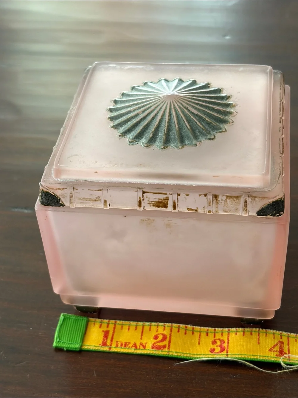 Taussaunt Glass Frosted  Pink Square Vanity Powder Box with Sunburst